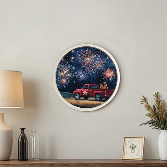 20" Goldens Watching Fireworks Round Framed Print